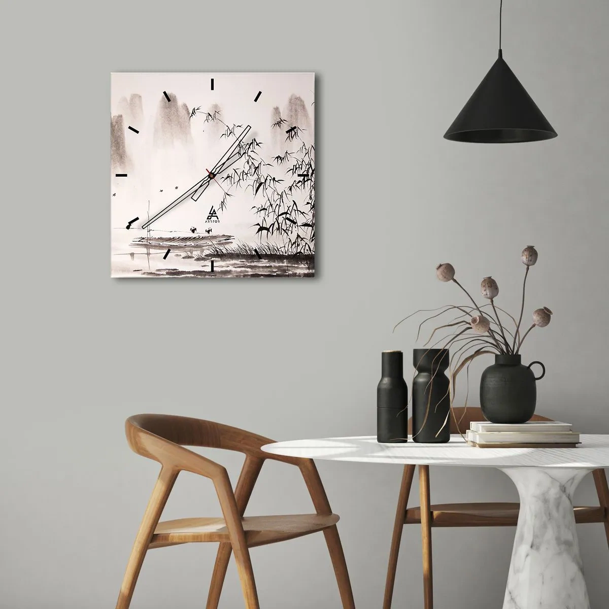 Wanduhr - Glasuhr - Eine minimalistische Landschaft im orientalischen Stil - 30x30cm - Die Stille der Reisfelder - Moderne Wanddekoration für Wohnzimmer und Schlafzimmer ARTTOR