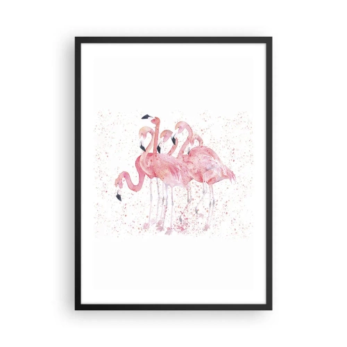Poster in einem schwarzem Rahmen - Eine Gruppe rosa Flamingos auf weißem Hintergrund - 50x70cm - Rosa Ensemble - Moderne Wanddekoration für Wohnzimmer und Schlafzimmer ARTTOR