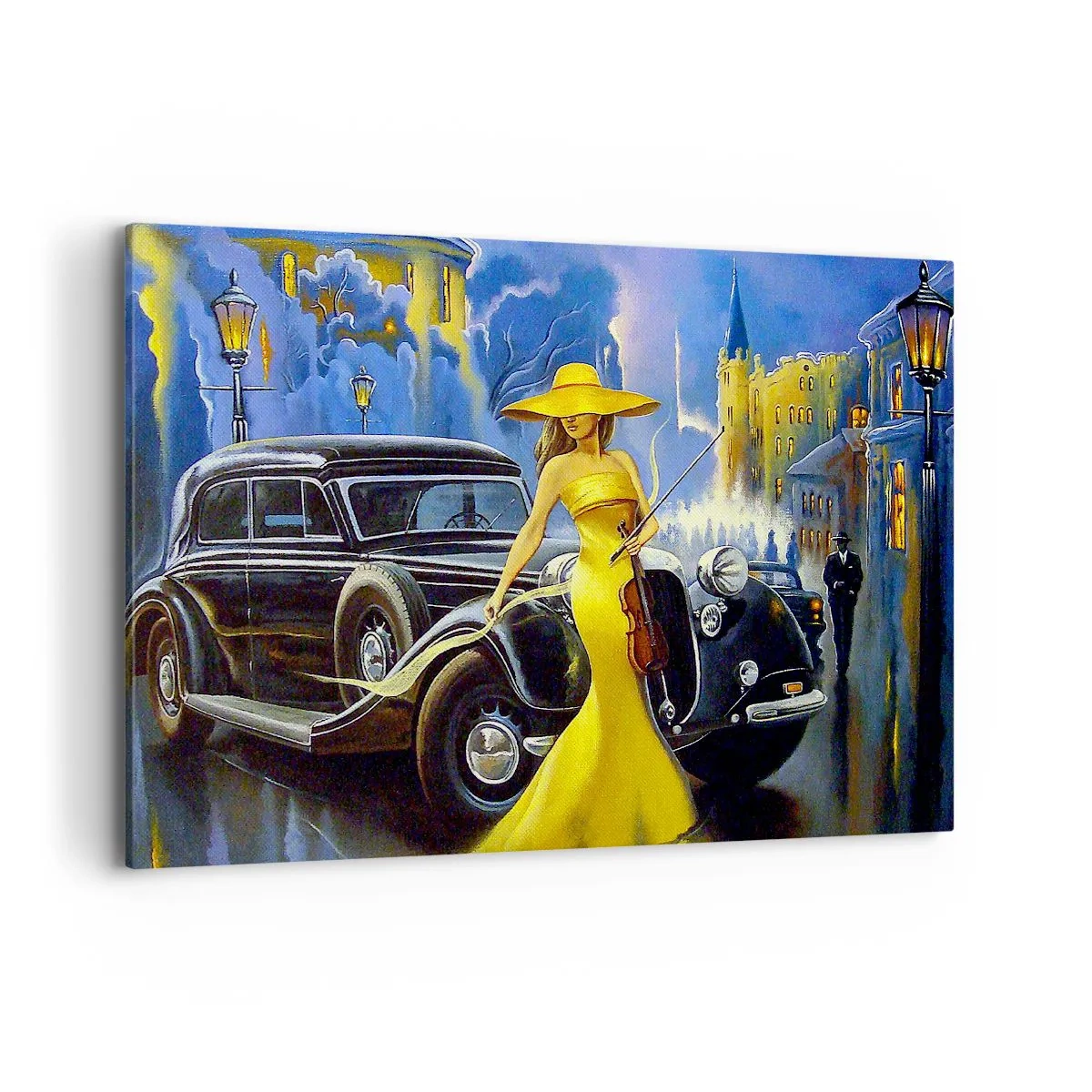 Bild auf Leinwand - Leinwandbild - Eine Frau in einem gelben Kleid mit einer Geige neben einem Retro-Auto. - 120x80cm - Nocturne für Violine und Liebe - Moderne Wanddekoration für Wohnzimmer und Schlafzimmer ARTTOR