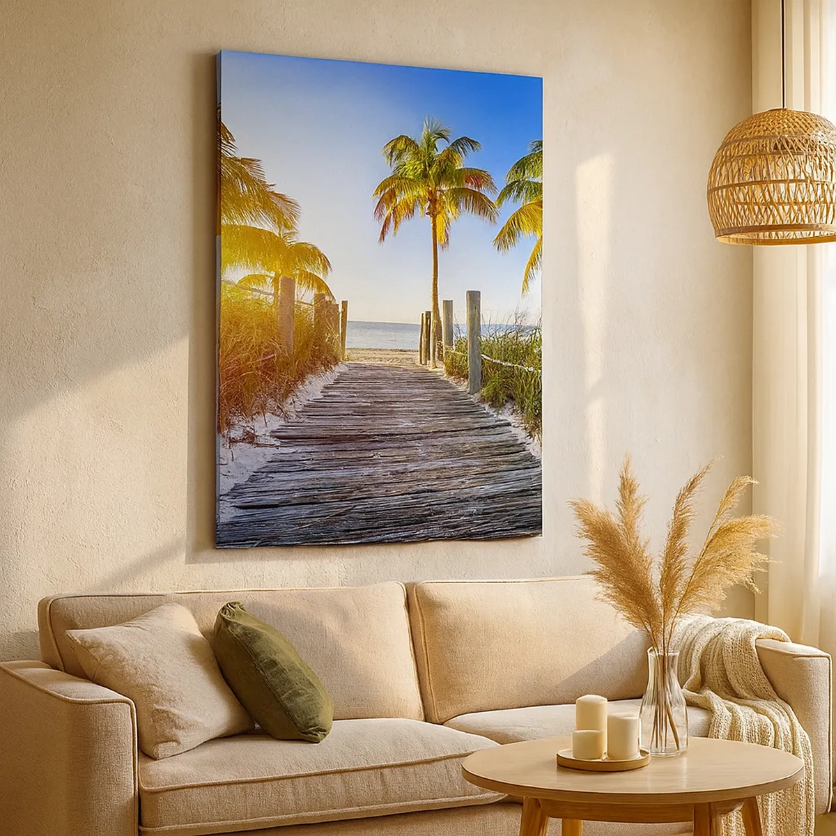 Bild auf Leinwand - Leinwandbild - Holzweg am Strand mit Palmen im Hintergrund - 50x70cm - Direkt ins Paradies - Moderne Wanddekoration für Wohnzimmer und Schlafzimmer ARTTOR