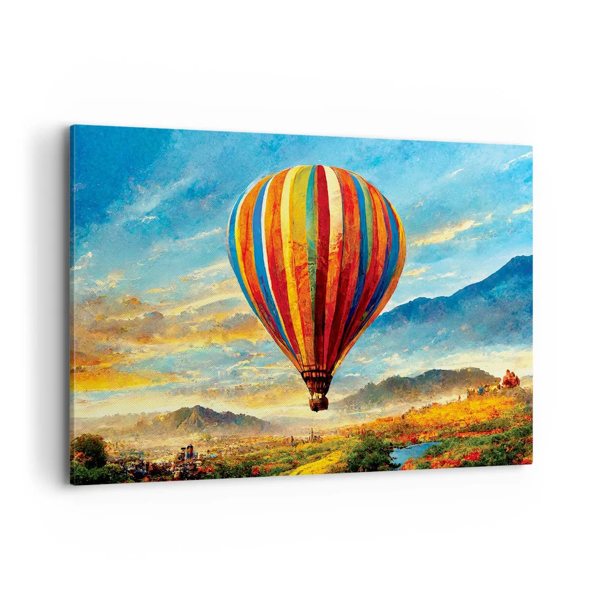 Bild auf Leinwand - Leinwandbild - Ein bunter Ballon über einer malerischen Landschaft - 120x80cm - In der Stille sieht man mehr - Moderne Wanddekoration für Wohnzimmer und Schlafzimmer ARTTOR