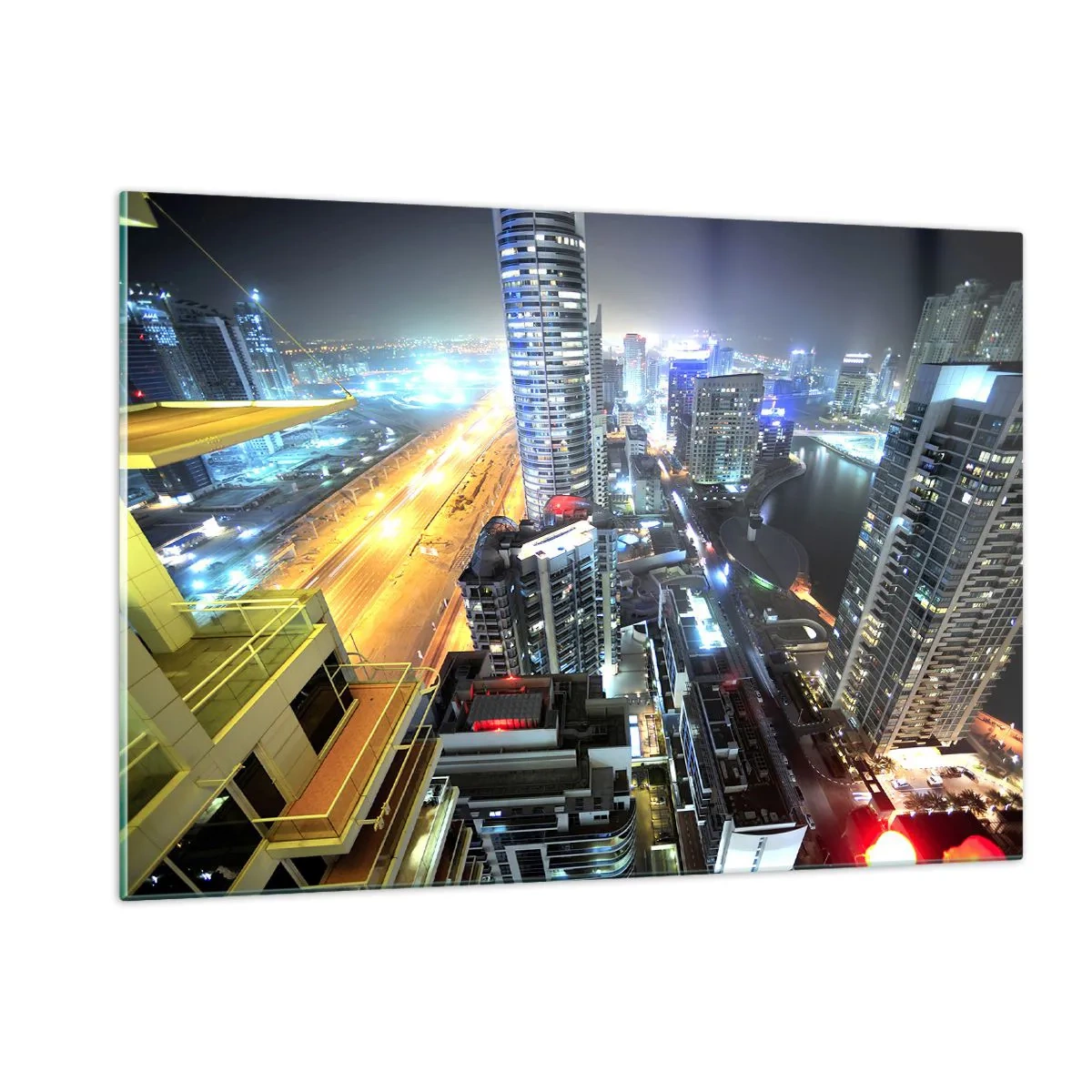 Glasbild - Bild auf glas - Panorama der nächtlichen Stadt mit beleuchteten Wolkenkratzern - 120x80cm - Ein Wunder in der Wüste - Moderne Wanddekoration für Wohnzimmer und Schlafzimmer ARTTOR