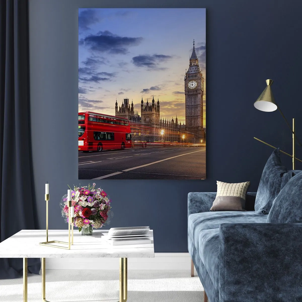 Glasbild - Bild auf glas - Big Ben und der Red Bus in London bei Sonnenuntergang - 50x70cm - Spezielle Charaktere - Moderne Wanddekoration für Wohnzimmer und Schlafzimmer ARTTOR