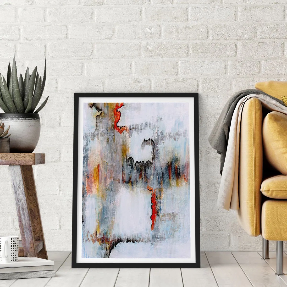 Poster in einem schwarzem Rahmen - Eine abstrakte Komposition mit Grautönen und roten Akzenten. - 50x70cm - Ein Stock auf dem Wasser - Moderne Wanddekoration für Wohnzimmer und Schlafzimmer ARTTOR