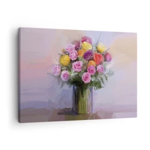 Bild auf Leinwand - Leinwandbild - Ein Strauß bunter Rosen in einer Glasvase - 70x50cm - Festgehaltene Schönheit - Moderne Wanddekoration für Wohnzimmer und Schlafzimmer ARTTOR