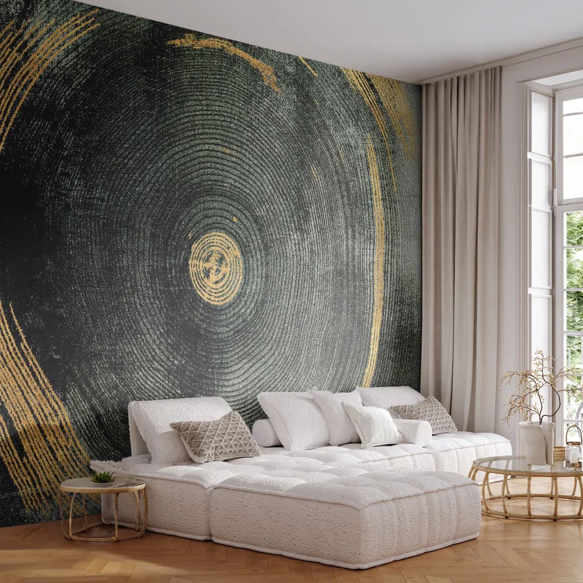 Fototapete Premium Sand - Konzentrische Holzmaserung mit goldenen Akzenten - 100x70cm - Veränderung und Beständigkeit - Moderne Wanddekoration für Wohnzimmer und Schlafzimmer ARTTOR