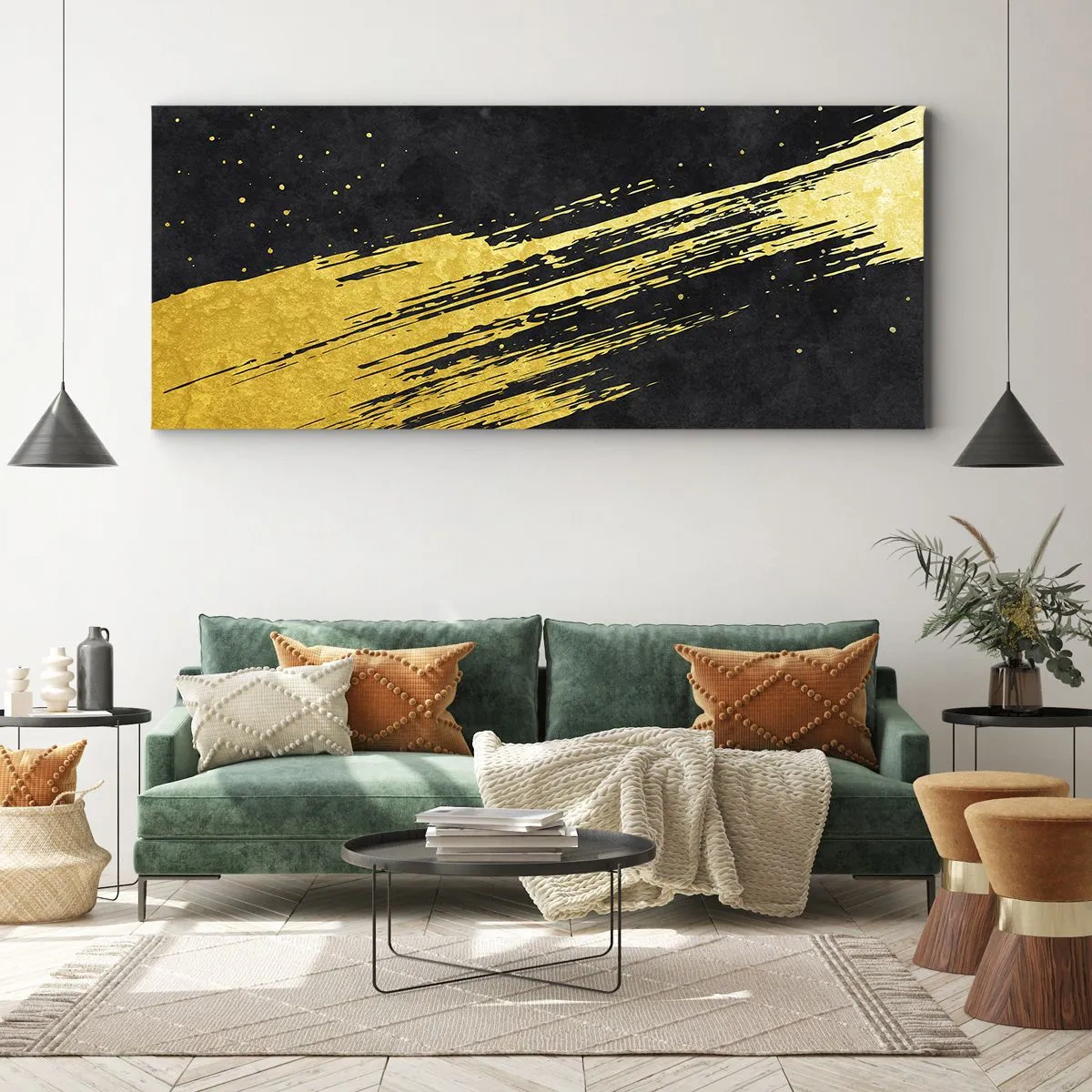 Bild auf Leinwand - Leinwandbild - Schwarzer Hintergrund mit dynamischen goldenen Pinselstrichen - 120x50cm - Sprung in den Hyperraum - Moderne Wanddekoration für Wohnzimmer und Schlafzimmer ARTTOR