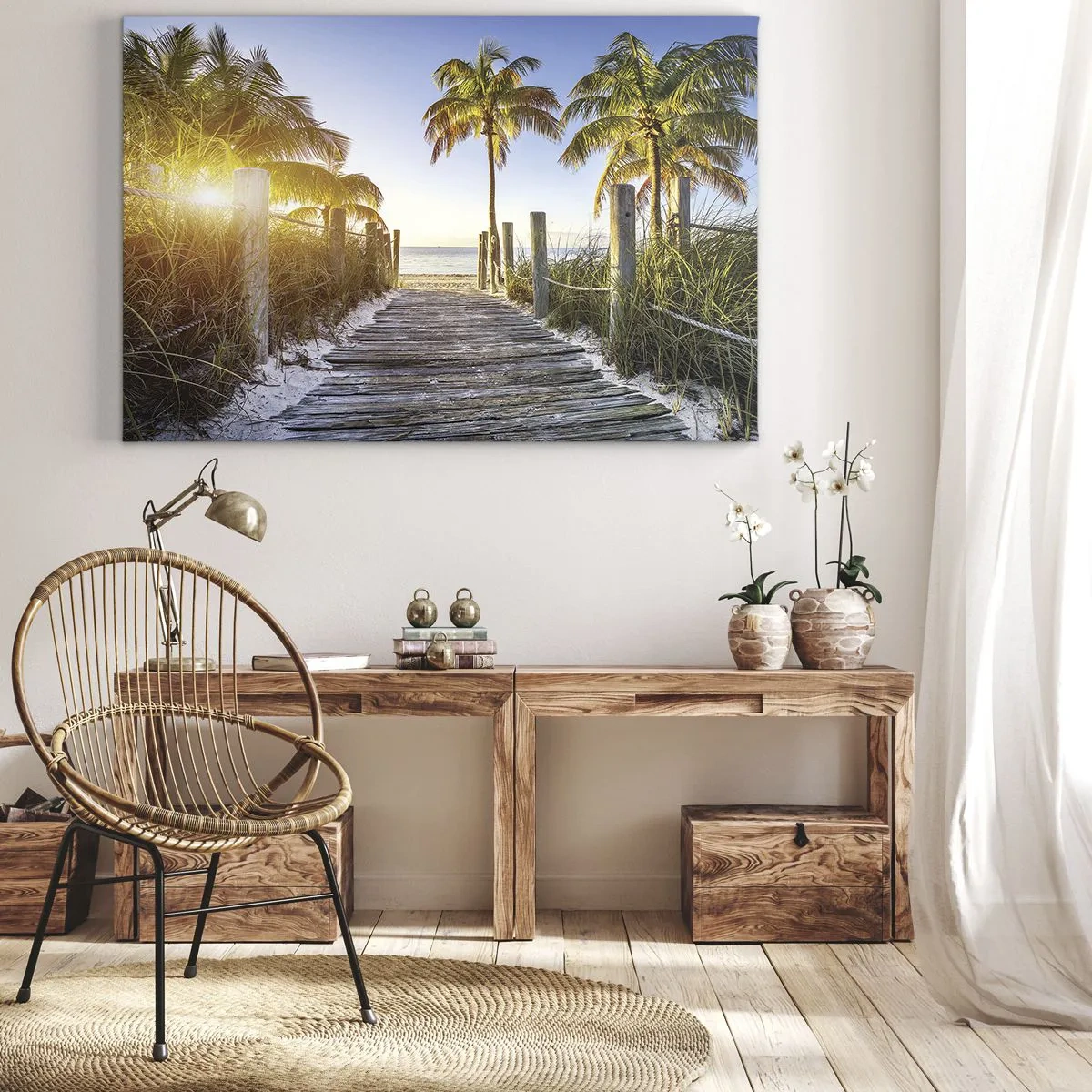 Bild auf Leinwand - Leinwandbild - Holzweg am Strand mit Palmen im Hintergrund - 120x80cm - Direkt ins Paradies - Moderne Wanddekoration für Wohnzimmer und Schlafzimmer ARTTOR