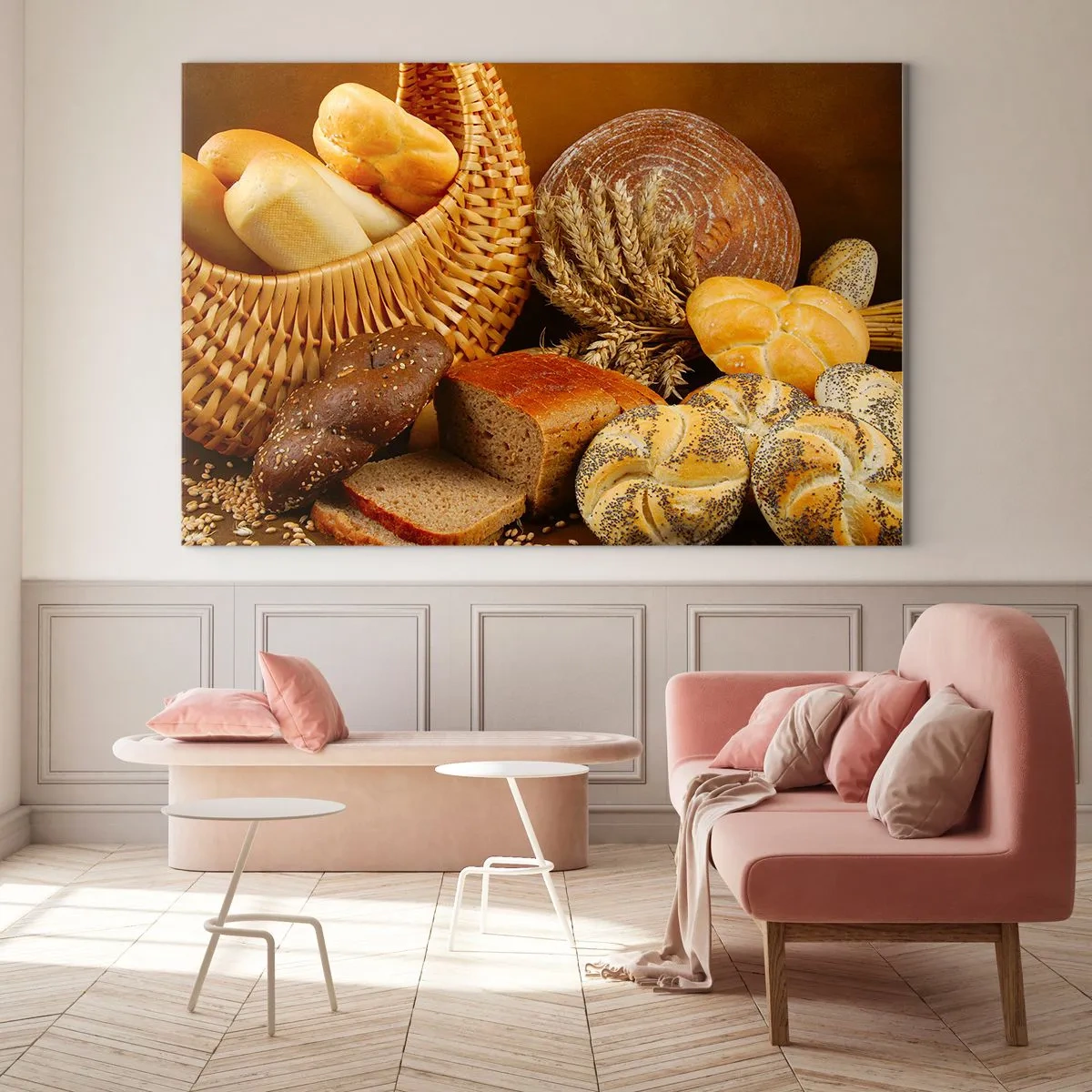 Glasbild - Bild auf glas - Ein Korb mit Brot und Laiben vor dem Hintergrund von Ähren - 70x50cm - Wir sind wieder davongekommen - Moderne Wanddekoration für Wohnzimmer und Schlafzimmer ARTTOR