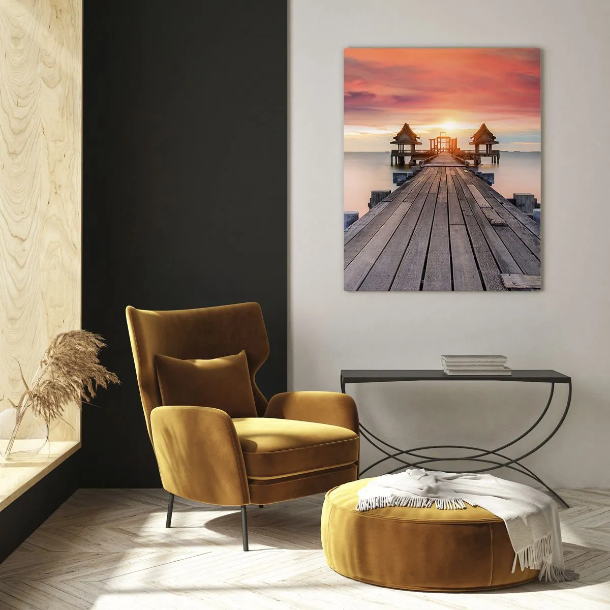 Glasbild - Bild auf glas - Holzsteg führt zu Pavillons bei Sonnenuntergang - 70x100cm - Westen im Osten - Moderne Wanddekoration für Wohnzimmer und Schlafzimmer ARTTOR