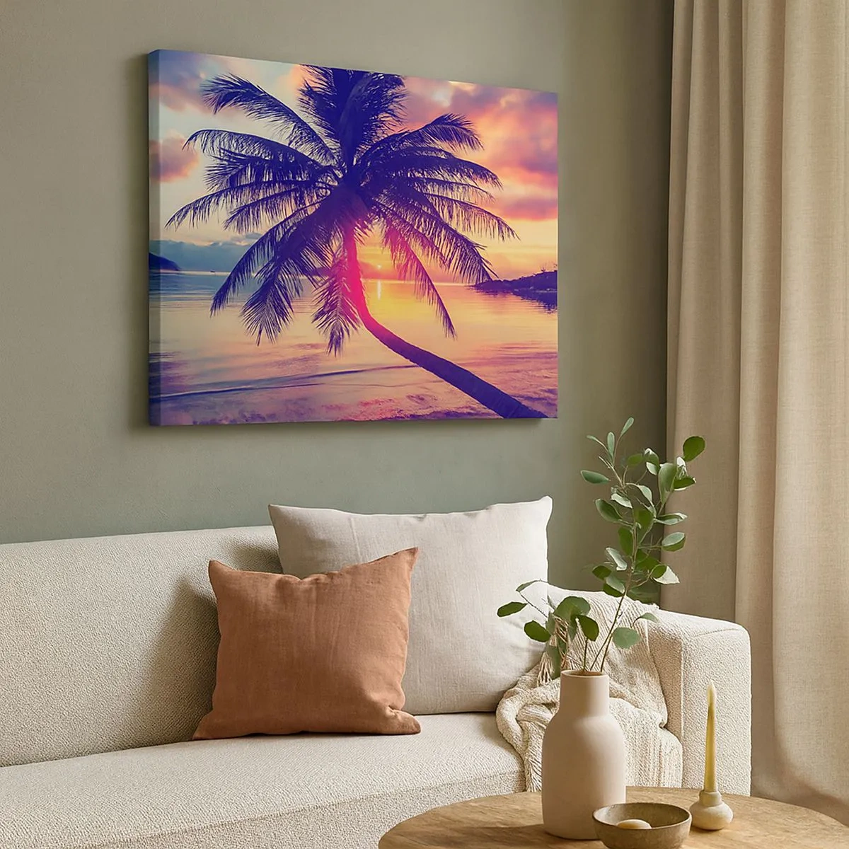 Bild auf Leinwand - Leinwandbild - Sonnenuntergang mit einer Palme über einem ruhigen Ufer - 70x50cm - Abend unter Palmen - Moderne Wanddekoration für Wohnzimmer und Schlafzimmer ARTTOR