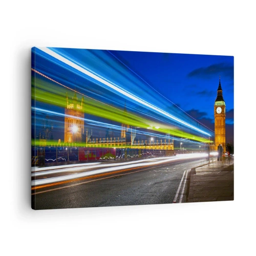 Bild auf Leinwand - Leinwandbild - Big Ben bei Nacht mit der Wirkung von Lichtern im Straßenverkehr - 70x50cm - Unter den wachsamen Augen von Big Ben - Moderne Wanddekoration für Wohnzimmer und Schlafzimmer ARTTOR