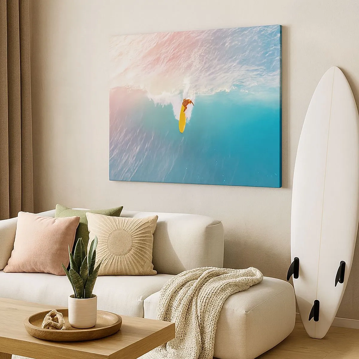 Bild auf Leinwand - Leinwandbild - Surfer auf einer Welle in Pastellfarben - 70x50cm - Der Ozeanreiter - Moderne Wanddekoration für Wohnzimmer und Schlafzimmer ARTTOR