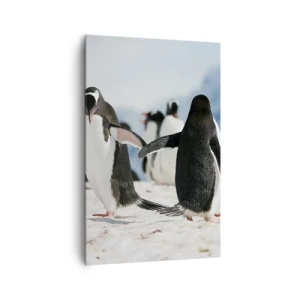 Bild auf Leinwand - Leinwandbild - Eine Gruppe Pinguine im Schnee in einer antarktischen Landschaft - 80x120cm - Tanzen im Schnee - Moderne Wanddekoration für Wohnzimmer und Schlafzimmer ARTTOR