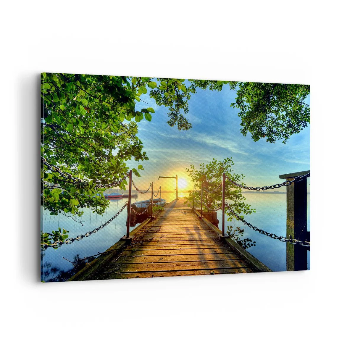 Bild auf Leinwand - Leinwandbild - Ein Pier über dem See in den Strahlen des Sonnenuntergangs - 100x70cm - Westen auf dem Wasser - Moderne Wanddekoration für Wohnzimmer und Schlafzimmer ARTTOR