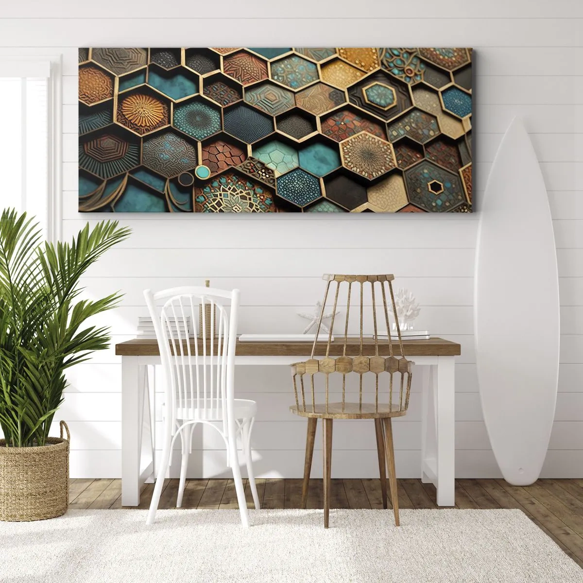 Bild auf Leinwand - Leinwandbild - Bunte Ornamente in sechseckigen Mustern - 140x50cm - Arabische Ornamente – Variation - Moderne Wanddekoration für Wohnzimmer und Schlafzimmer ARTTOR