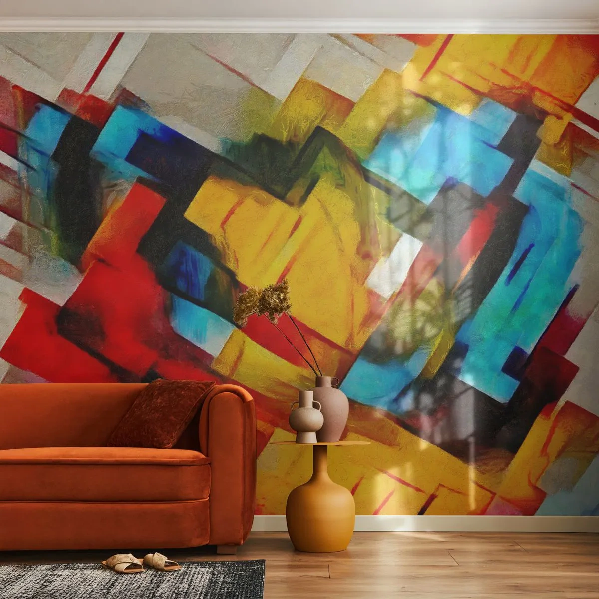 Fototapete Premium Sand - Abstrakte Komposition aus geometrischen Formen und Farben - 100x70cm - Ein bunter Interleaver - Moderne Wanddekoration für Wohnzimmer und Schlafzimmer ARTTOR
