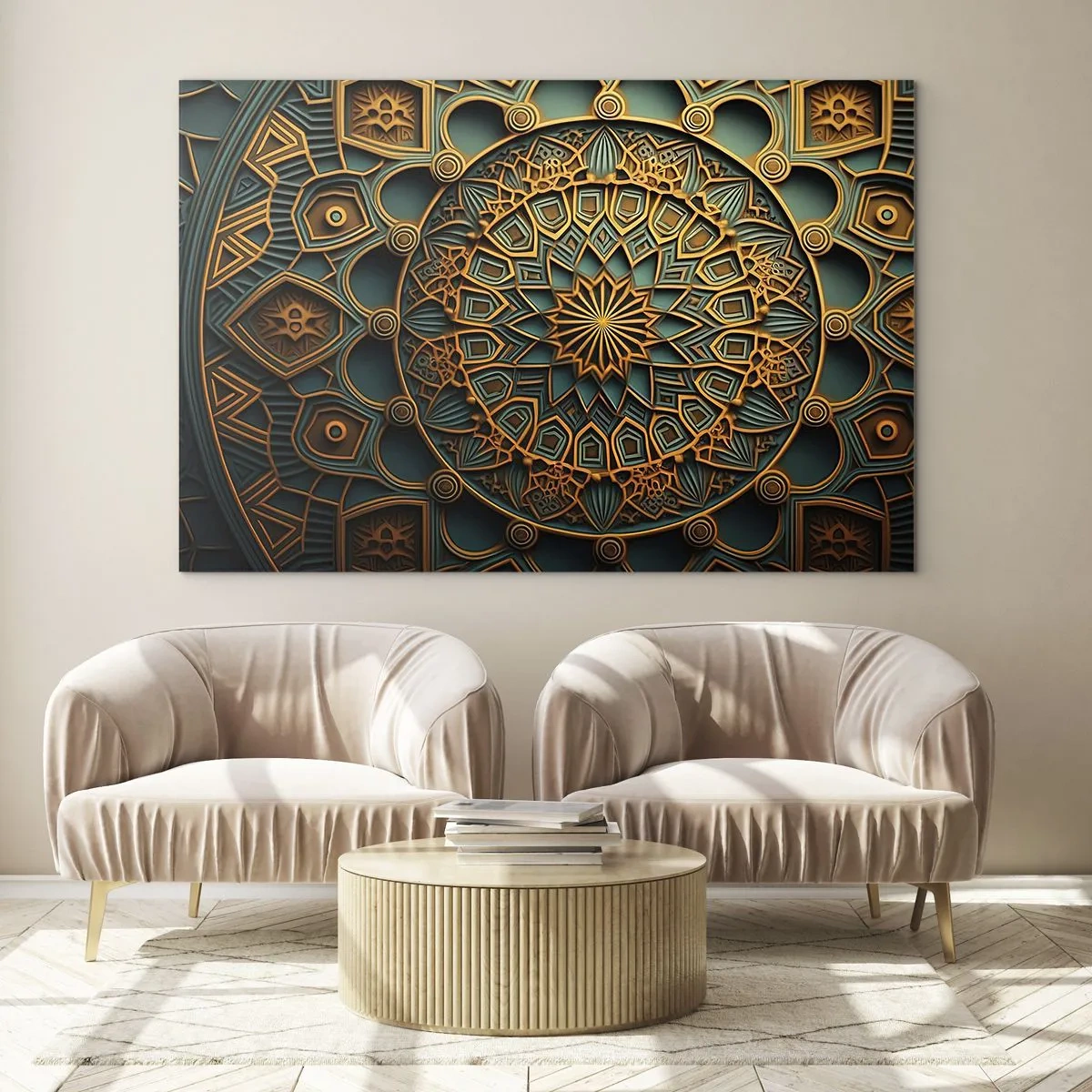 Glasbild - Bild auf glas - Gold- und Türkisornament im Stil eines arabischen Mosaiks - 120x80cm - In arabischer Atmosphäre - Moderne Wanddekoration für Wohnzimmer und Schlafzimmer ARTTOR