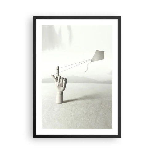 Poster in einem schwarzem Rahmen - Eine Holzhand mit einem Drachen vor hellem Hintergrund - 50x70cm - Kraftprobe - Moderne Wanddekoration für Wohnzimmer und Schlafzimmer ARTTOR