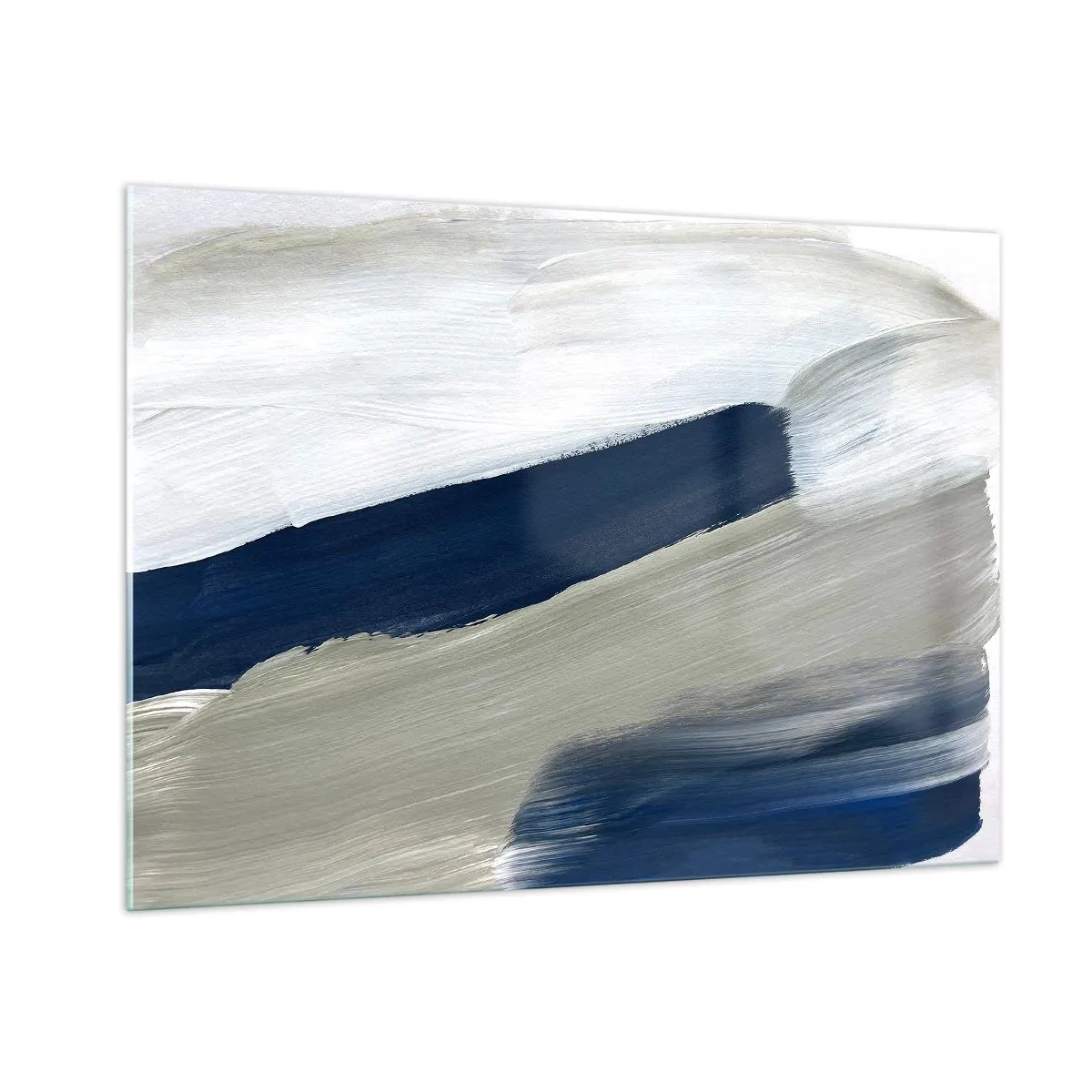 Glasbild - Bild auf glas - Minimalistische Abstraktion mit dynamischen Strichen in Weiß, Marineblau und Grau. - 100x70cm - Begegnung mit dem Weißsein - Moderne Wanddekoration für Wohnzimmer und Schlafzimmer ARTTOR