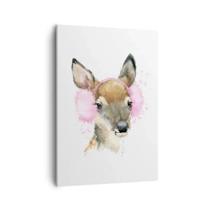 Bild auf Leinwand - Leinwandbild - Aquarell Hirsch in rosa Ohrenschützern - 50x70cm - Und der Frost ist nicht mehr schrecklich - Moderne Wanddekoration für Wohnzimmer und Schlafzimmer ARTTOR