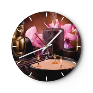 Wanduhr - Glasuhr - Ein Set aus Kerzen, Räucherstäbchen und einer Buddha-Skulptur mit rosa Blüten - 30x30cm - Den Geist frei machen, den Körper beruhigen - Moderne Wanddekoration für Wohnzimmer, Küche und Schlafzimmer ARTTOR