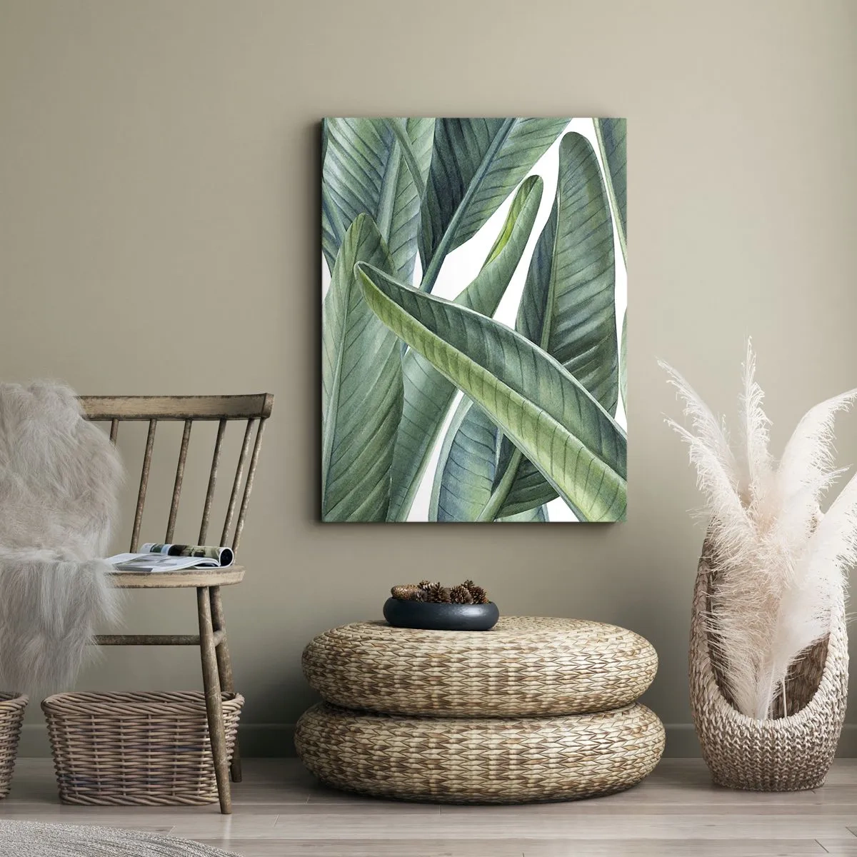 Bild auf Leinwand - Leinwandbild - Grüne Blätter im minimalistischen, botanischen Stil - 50x70cm - An und für sich Grün - Moderne Wanddekoration für Wohnzimmer und Schlafzimmer ARTTOR