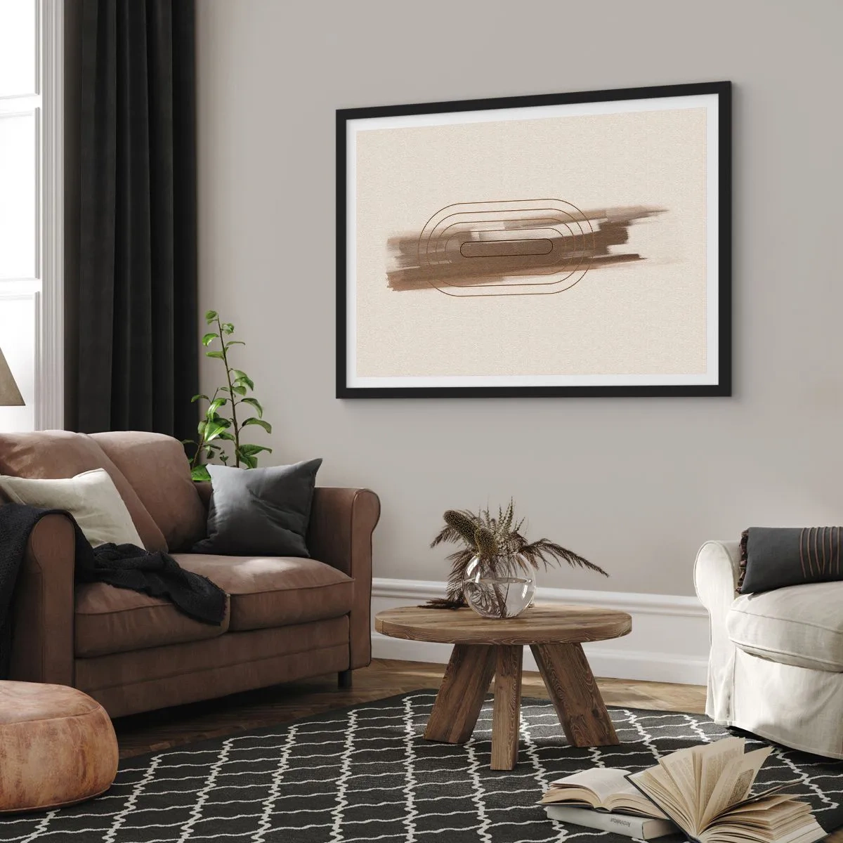 Poster in einem schwarzem Rahmen - Eine minimalistische Komposition in Beige- und Grautönen mit geometrischem Muster - 100x70cm - Ein Hauch von Grau - Moderne Wanddekoration für Wohnzimmer und Schlafzimmer ARTTOR