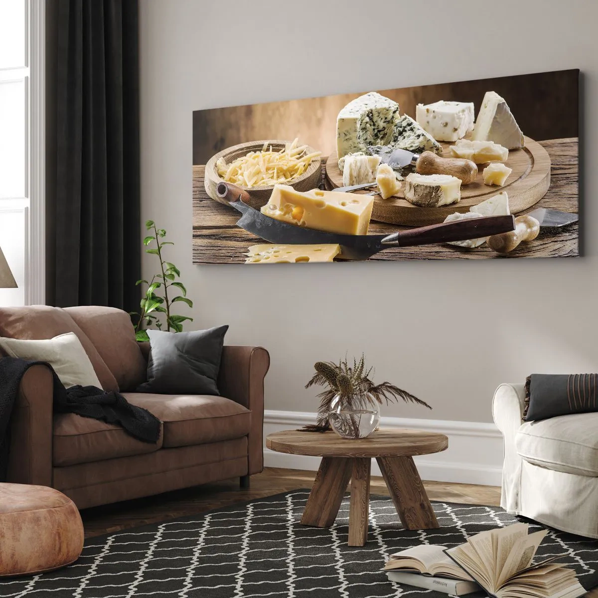 Bild auf Leinwand - Leinwandbild - Eine Käseplatte mit verschiedenen Sorten auf einem Holztisch - 160x50cm - Lächeln Sie den Käse an - Moderne Wanddekoration für Wohnzimmer und Schlafzimmer ARTTOR