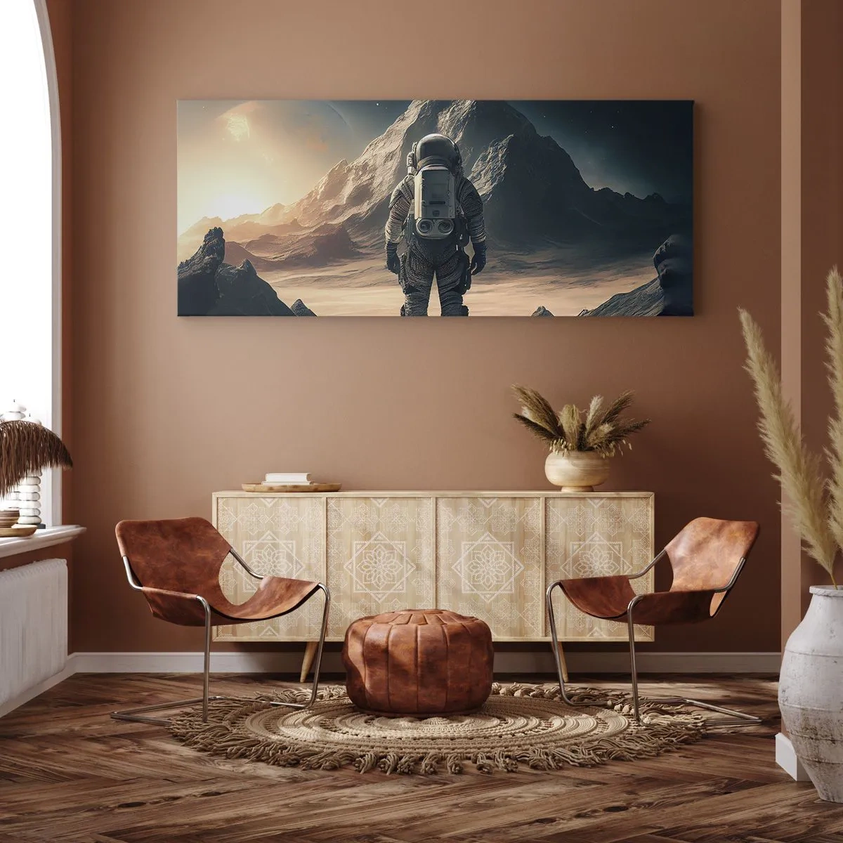 Bild auf Leinwand - Leinwandbild - Astronaut vor der Kulisse majestätischer Berge - 160x50cm - Neue Herausforderung - Moderne Wanddekoration für Wohnzimmer und Schlafzimmer ARTTOR