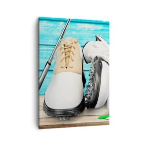 Bild auf Leinwand - Leinwandbild - Ein Set Golfzubehör auf einem hölzernen Hintergrund - 50x70cm - Alles ist bereit - Moderne Wanddekoration für Wohnzimmer und Schlafzimmer ARTTOR
