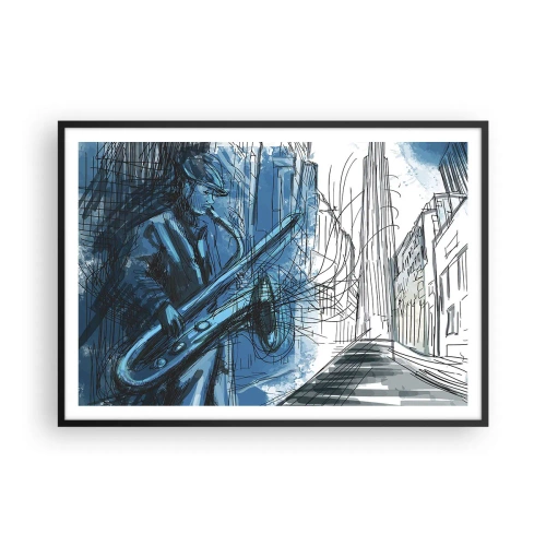 Poster in einem schwarzem Rahmen - Eine Saxophon spielende Figur vor dem Hintergrund einer Stadt - 100x70cm - Urbane Rhapsodie - Moderne Wanddekoration für Wohnzimmer und Schlafzimmer ARTTOR