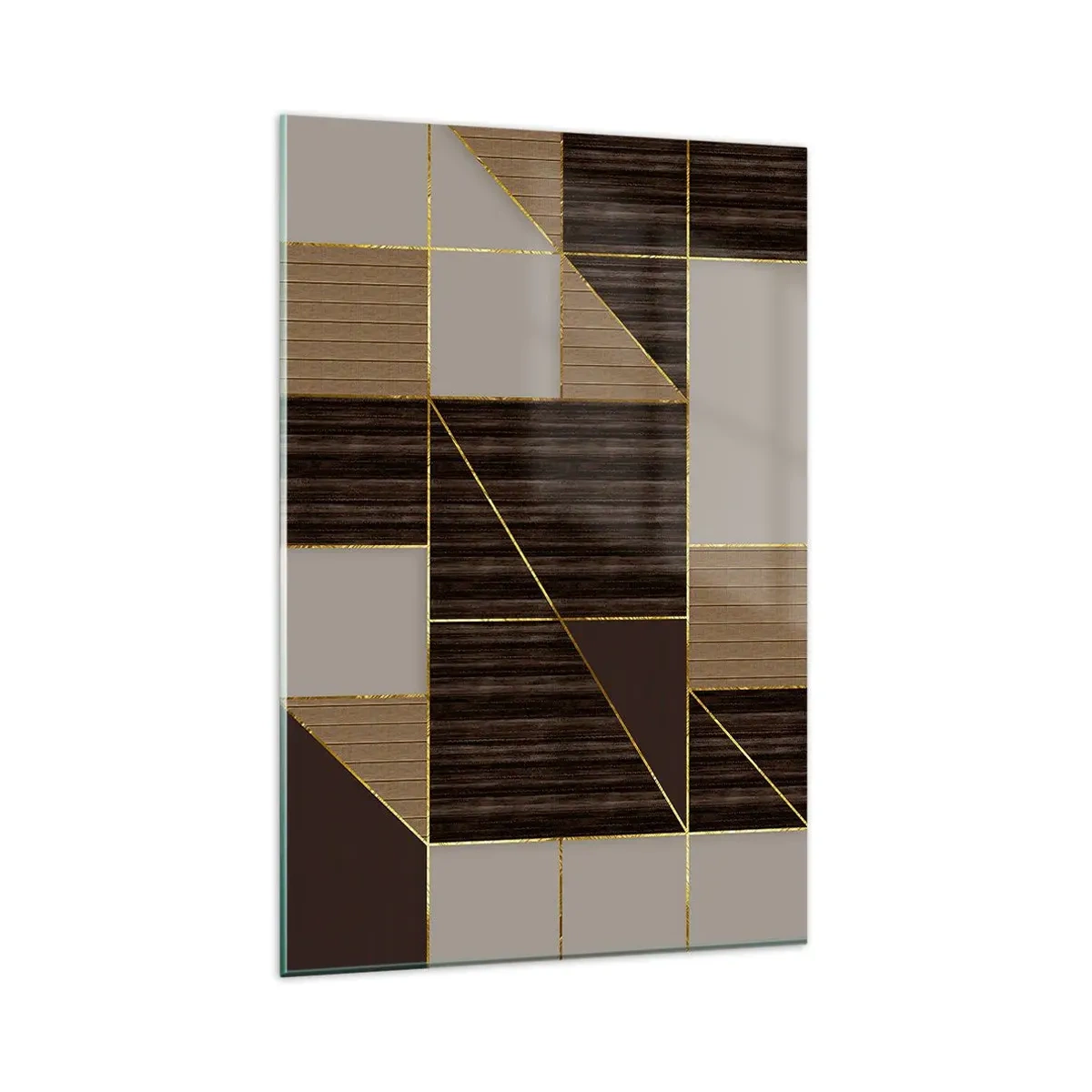 Glasbild - Bild auf glas - Geometrische Muster in Brauntönen mit goldenen Linien - 80x120cm - Ein Mosaik aus Braun und Gold - Moderne Wanddekoration für Wohnzimmer und Schlafzimmer ARTTOR