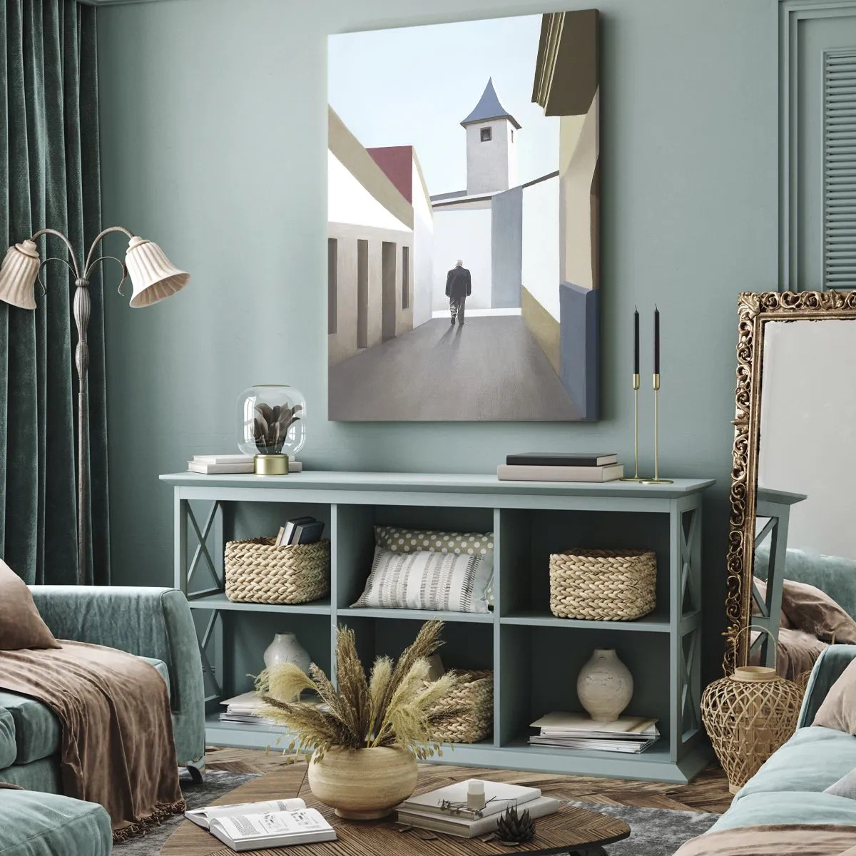 Bild auf Leinwand - Leinwandbild - Eine minimalistische Straße mit der Silhouette eines Mannes im Hintergrund - 50x70cm - Sonniger Spaziergang - Moderne Wanddekoration für Wohnzimmer und Schlafzimmer ARTTOR