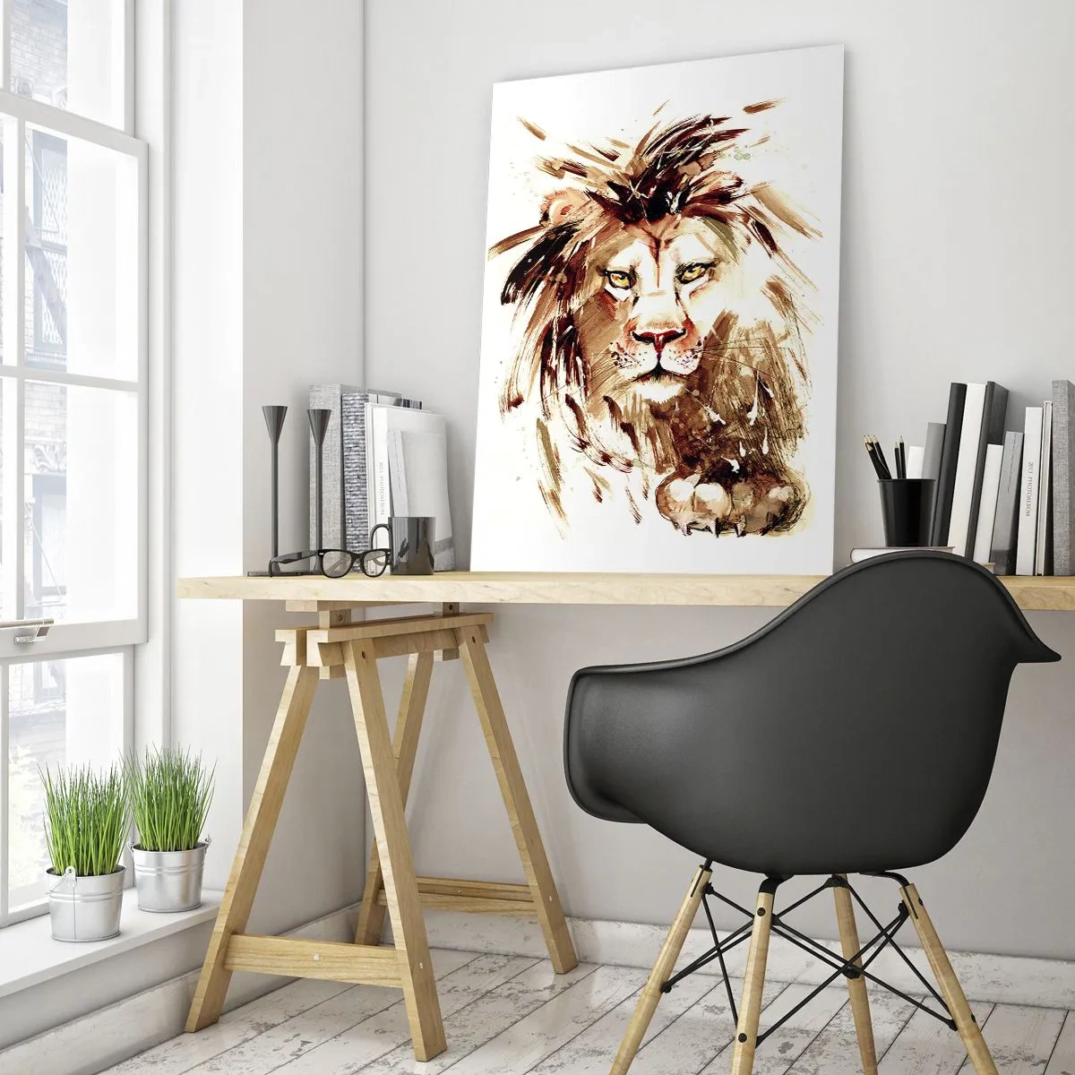 Glasbild - Bild auf glas - Aquarellporträt eines Löwen mit intensiven Details - 70x100cm - Stärke und Würde - Moderne Wanddekoration für Wohnzimmer und Schlafzimmer ARTTOR