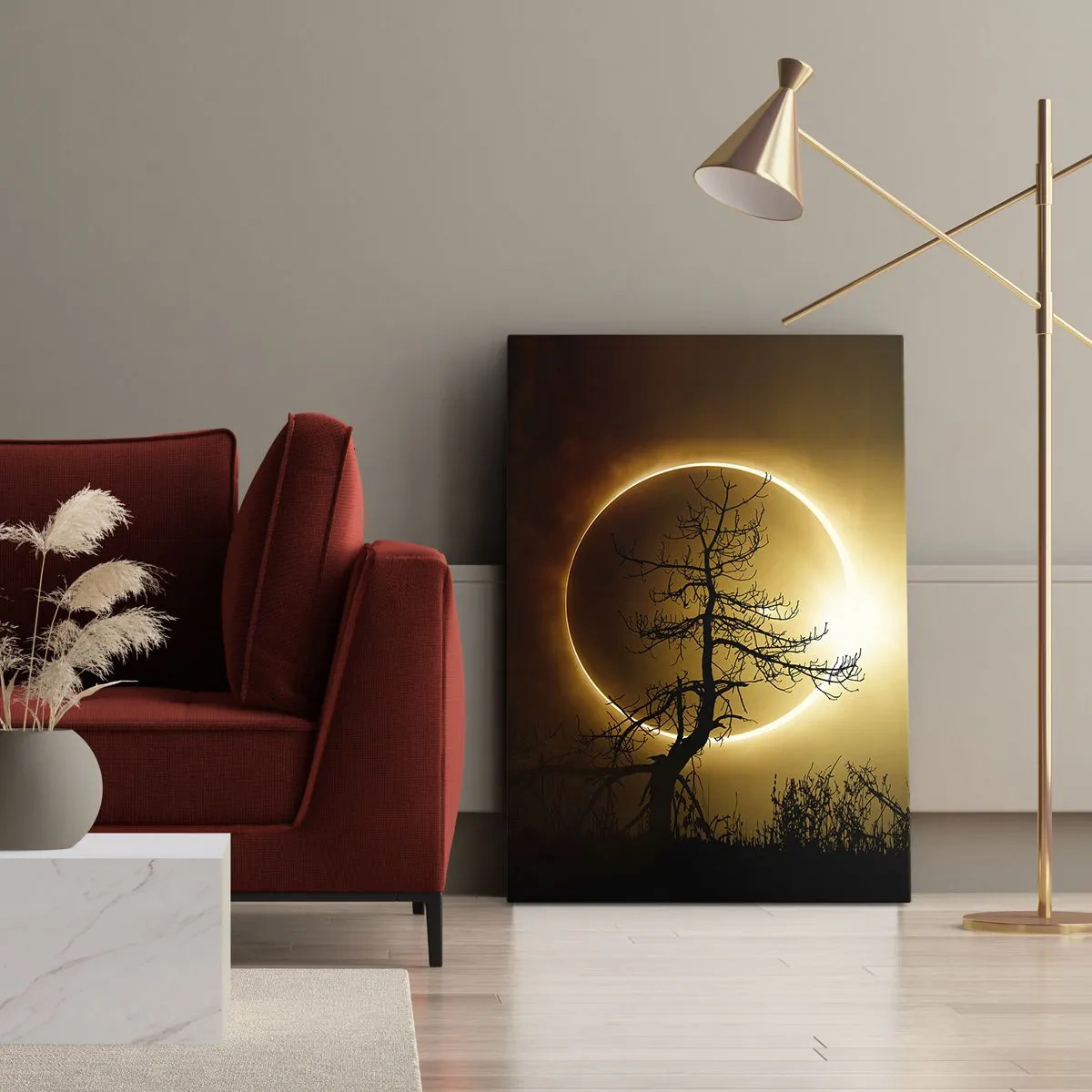 Bild auf Leinwand - Leinwandbild - Sonnenfinsternis mit einer Baumsilhouette im Vordergrund - 80x120cm - Totale Finsternis - Moderne Wanddekoration für Wohnzimmer und Schlafzimmer ARTTOR