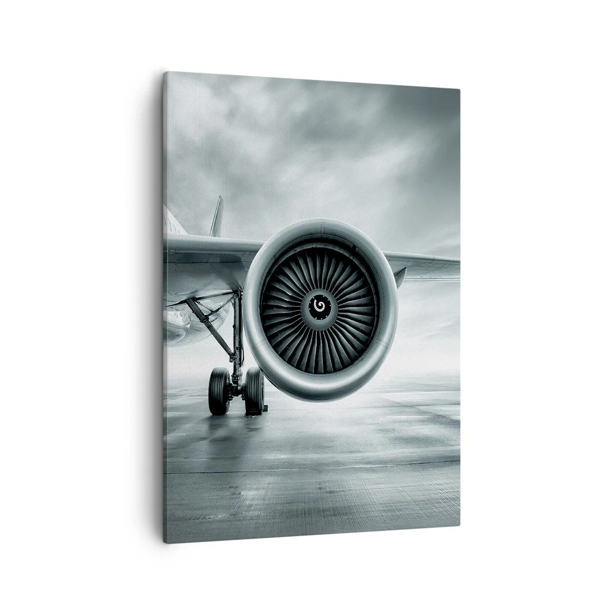 Bild auf Leinwand - Leinwandbild - Das Düsentriebwerk eines Flugzeugs auf dem Rollfeld - 50x70cm - Die Macht ist da! - Moderne Wanddekoration für Wohnzimmer und Schlafzimmer ARTTOR