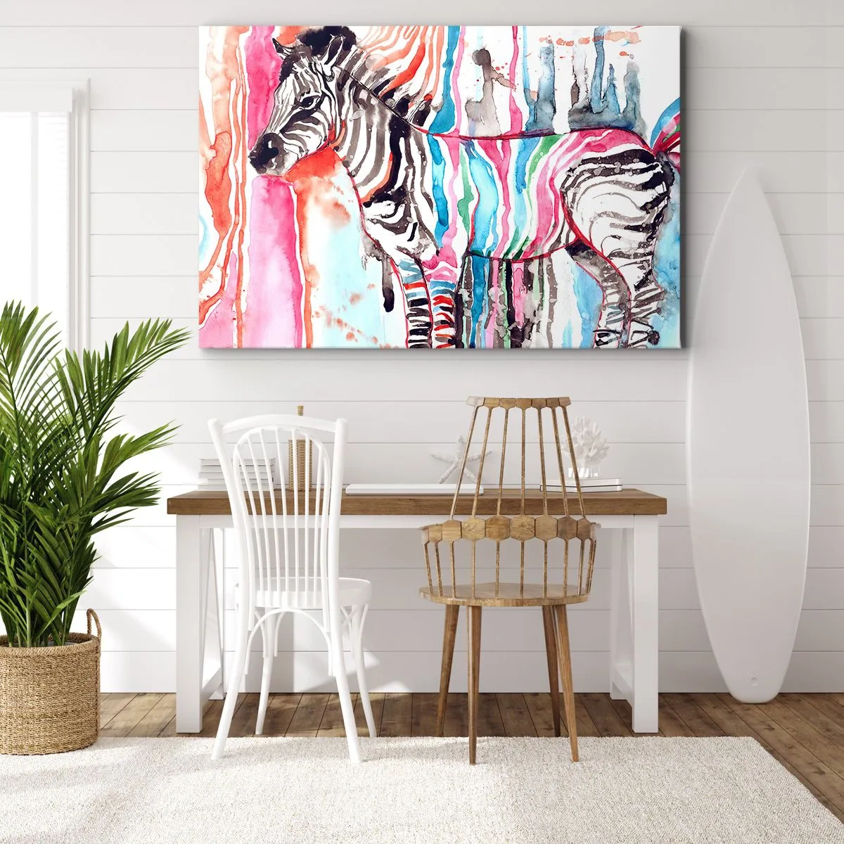 Bild auf Leinwand - Leinwandbild - Ein buntes Zebra vor einem Hintergrund aus abstrakten Aquarellmustern - 70x50cm - Unbeschwerter Witz der Natur - Moderne Wanddekoration für Wohnzimmer und Schlafzimmer ARTTOR