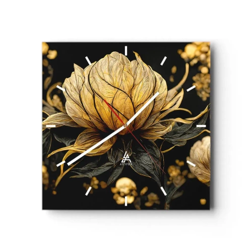 Wanduhr - Glasuhr - Goldene Blume auf dunklem Hintergrund - 30x30cm - Subtile Zerbrechlichkeit - Moderne Wanddekoration für Wohnzimmer und Schlafzimmer ARTTOR