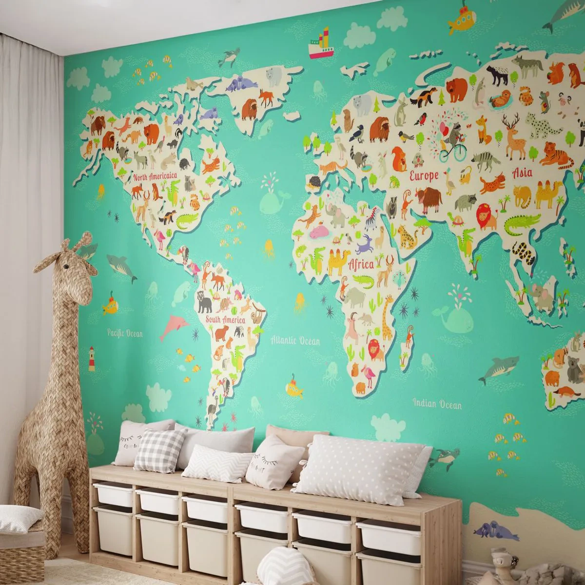 Fototapete Premium Sand - Bunte Weltkarte mit Tierillustrationen - 100x70cm - Wir lieben die ganze Welt - Moderne Wanddekoration für Wohnzimmer und Schlafzimmer ARTTOR