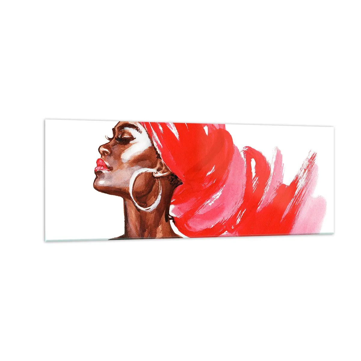 Glasbild - Bild auf glas - Profil einer Frau mit rotem Turban und Ohrringen - 140x50cm - Es weht ein Wind, der die Nase eines Mannes öffnet - Moderne Wanddekoration für Wohnzimmer und Schlafzimmer ARTTOR