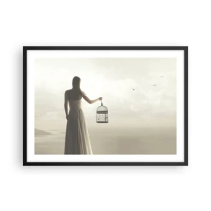 Poster in einem schwarzem Rahmen - Eine Frau mit einem Käfig vor einem ruhigen Himmel - 70x50cm - Sei frei - Moderne Wanddekoration für Wohnzimmer und Schlafzimmer ARTTOR