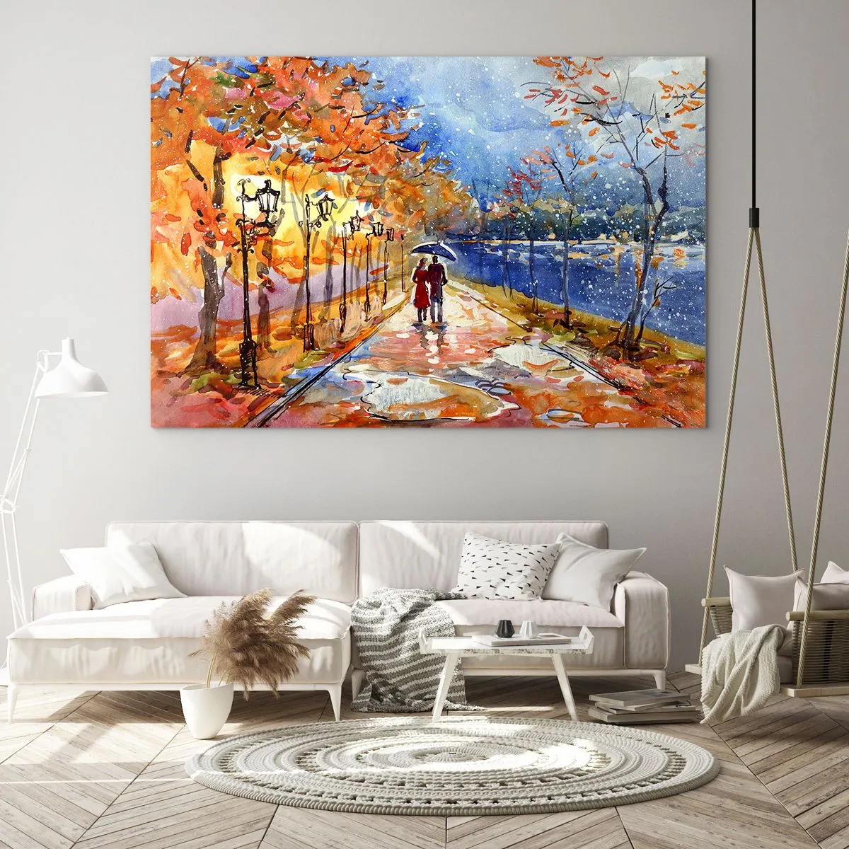 Glasbild - Bild auf glas - Ein Herbstspaziergang entlang der Allee mit bunten Blättern und Laternen - 70x50cm - Gemeinsam bis an die Grenze der Zeit - Moderne Wanddekoration für Wohnzimmer und Schlafzimmer ARTTOR