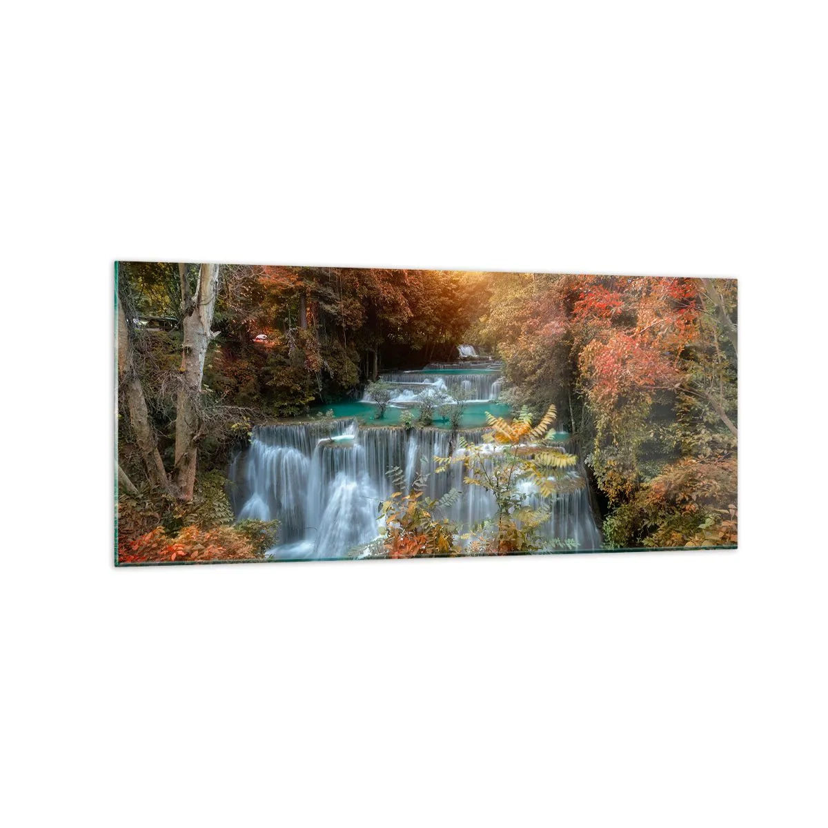 Glasbild - Bild auf glas - Herbstlicher Wasserfall, umgeben von bunten Bäumen im Sonnenlicht - 120x50cm - Versteckter Schatz des Waldes - Moderne Wanddekoration für Wohnzimmer und Schlafzimmer ARTTOR