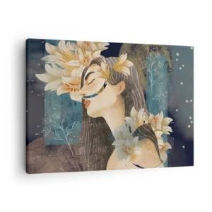 Bild auf Leinwand - Leinwandbild - Porträt einer Frau mit Blumen im künstlerischen Stil auf dunklem Hintergrund - 70x50cm - Ein Märchen über eine Prinzessin mit Lilien - Moderne Wanddekoration für Wohnzimmer und Schlafzimmer ARTTOR