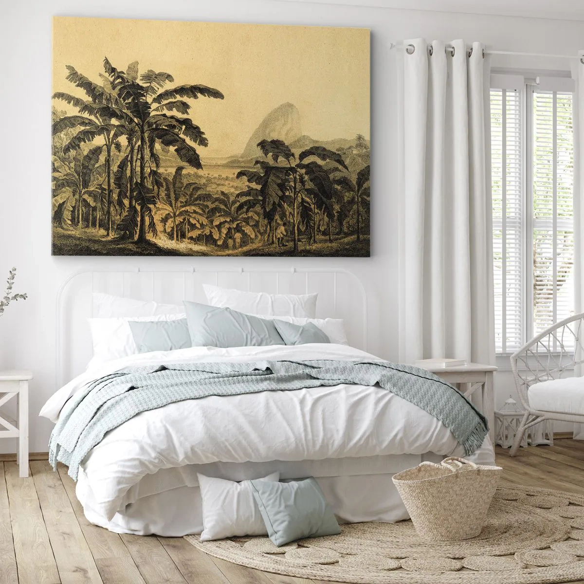 Bild auf Leinwand - Leinwandbild - Zeichnung von Bananenbäumen vor dem Hintergrund einer tropischen Landschaft - 70x50cm - in einem kolonialen Klima - Moderne Wanddekoration für Wohnzimmer und Schlafzimmer ARTTOR