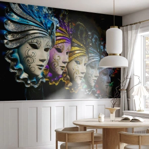 Fototapete Standard Eco - Bunte venezianische Masken mit Glitzer verziert - 100x70cm - Geheimnis in Gold und Silber - Moderne Wanddekoration für Wohnzimmer und Schlafzimmer ARTTOR