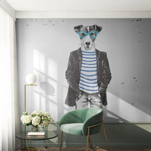 Fototapete Premium Sand - Stylischer Hund im Matrosenanzug - 100x70cm - Auf den Charme des Hundes - Moderne Wanddekoration für Wohnzimmer und Schlafzimmer ARTTOR