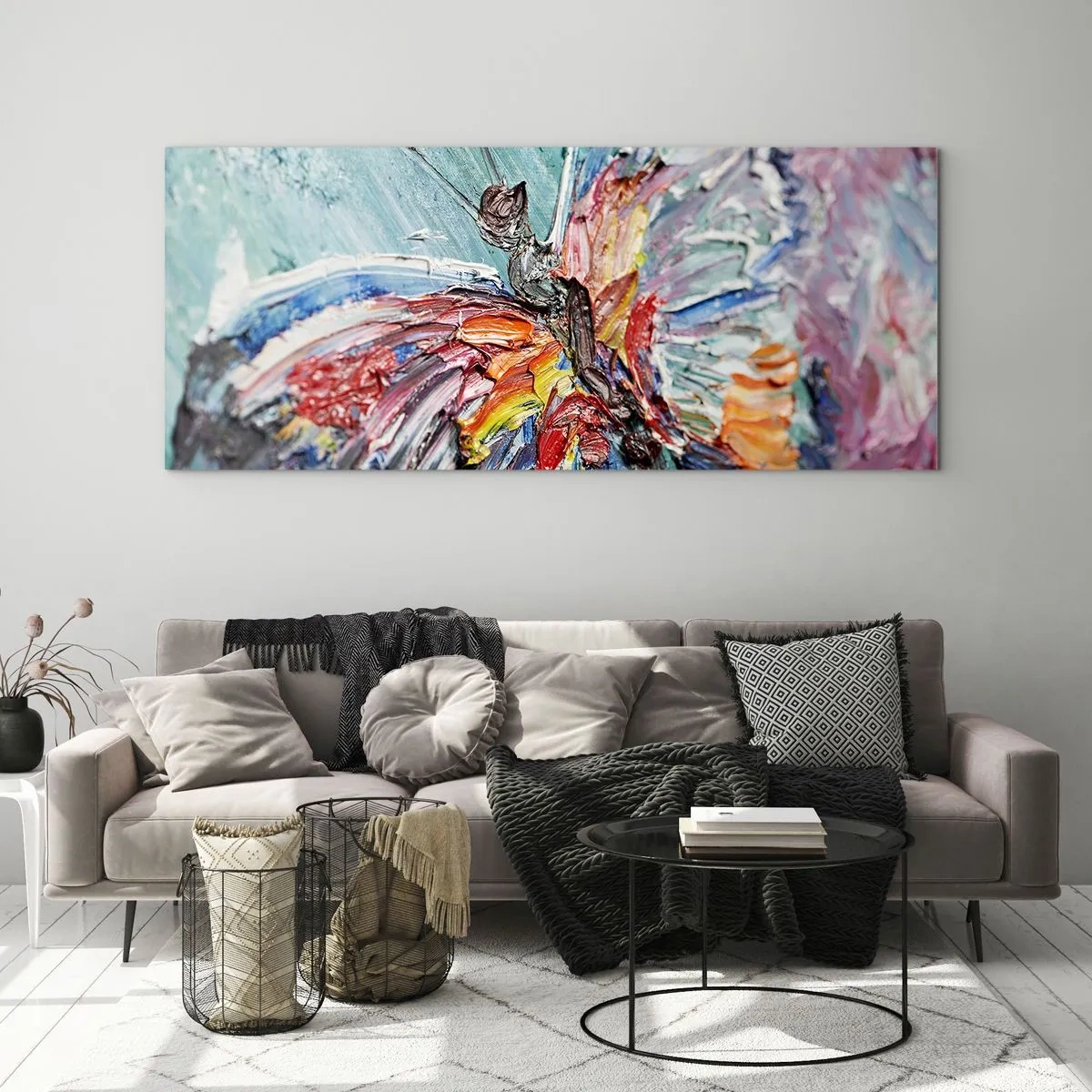Glasbild - Bild auf glas - Bunter Impasto-Schmetterling auf pastellfarbenem Hintergrund - 160x50cm - Von der Natur gemalt - Moderne Wanddekoration für Wohnzimmer und Schlafzimmer ARTTOR