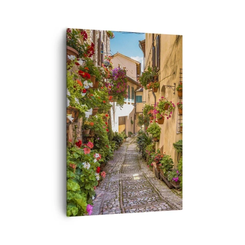 Bild auf Leinwand - Leinwandbild - Eine bezaubernde Straße voller Blumen und Blumentöpfe - 70x100cm - Italienische Gasse - Moderne Wanddekoration für Wohnzimmer und Schlafzimmer ARTTOR